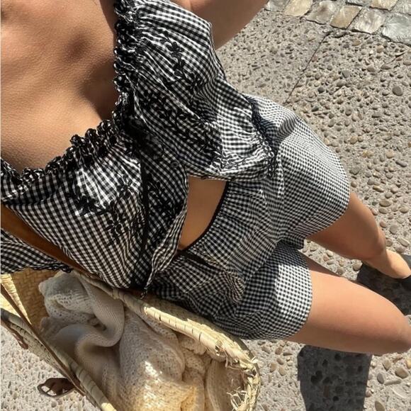 Doen Larena Cotton Seersucker Shorts Noir La Maddalena Gingham Black White - Picture 2 of 13